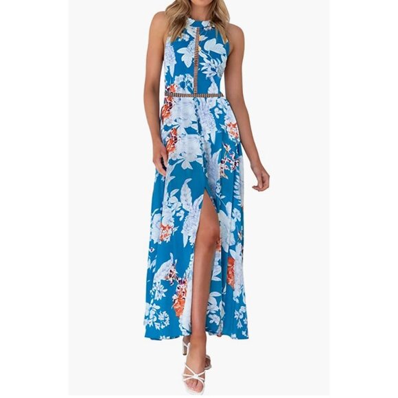 Boho Teal Blue Floral Printed Halter Neck Cut Out Flowy Long A-Line‎ Maxi Dress - Picture 6 of 7